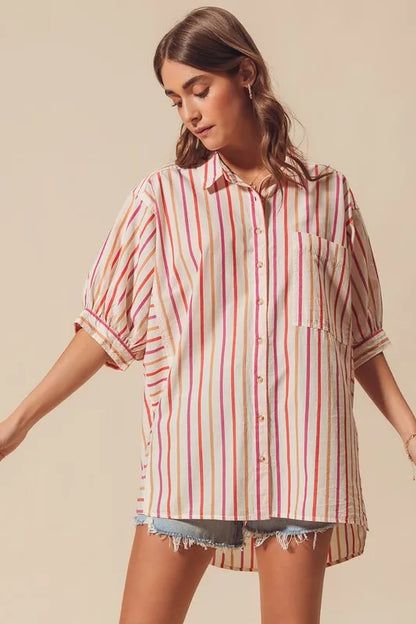 Pink multicolored stripe button-down shirt from SO ME by Trendsi, featuring a relaxed fit and vibrant pattern.