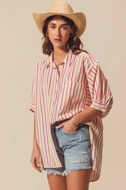 Pink multicolored stripe button-down shirt from SO ME by Trendsi, featuring a classic collar and long sleeves.