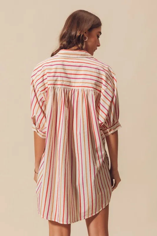 Pink multicolored stripe button-down shirt from SO ME by Trendsi, featuring a classic collar and long sleeves.