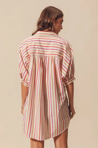 Pink multicolored stripe button-down shirt from SO ME by Trendsi, featuring a classic collar and long sleeves.