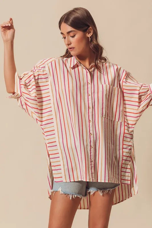 Pink and multicolored striped button-down shirt from SO ME by Trendsi, featuring a classic collar and long sleeves.