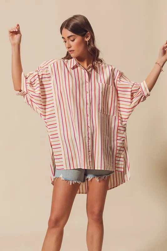 Pink multicolored stripe button-down shirt from SO ME by Trendsi, featuring a classic collar and long sleeves.