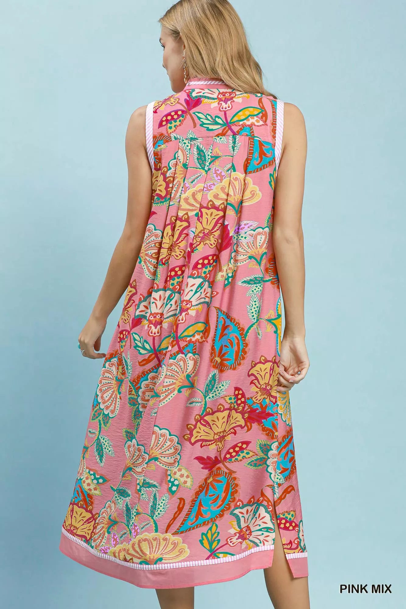 Pink paisley floral sleeveless midi dress by Umgee featuring a flowy silhouette and elegant design.