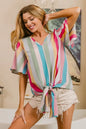Pink multi-stripe woven V-neck top with long front tie, casual women's blouse by Trendsi.