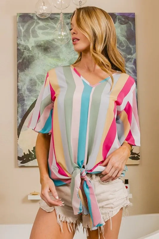 Pink multi-stripe woven V-neck top with long front tie by Trendsi, featuring a stylish and comfortable design.