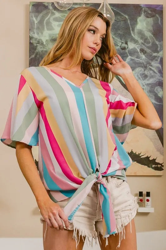 Pink multi-stripe woven V-neck top with long front tie, trendy women's blouse by Trendsi.