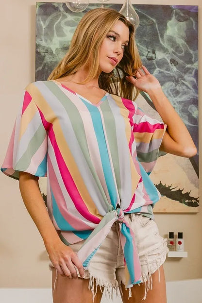 Pink multi-stripe woven V-neck top with long front tie, trendy women's blouse by Trendsi.