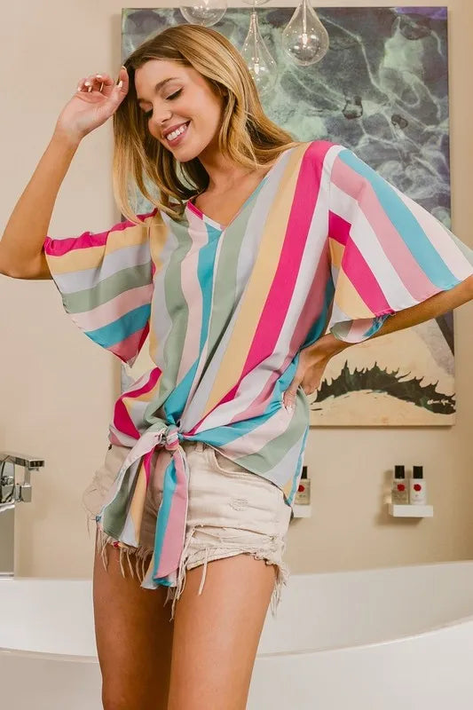 Pink multi-stripe woven V-neck top with long front tie, trendy women's blouse from Trendsi.