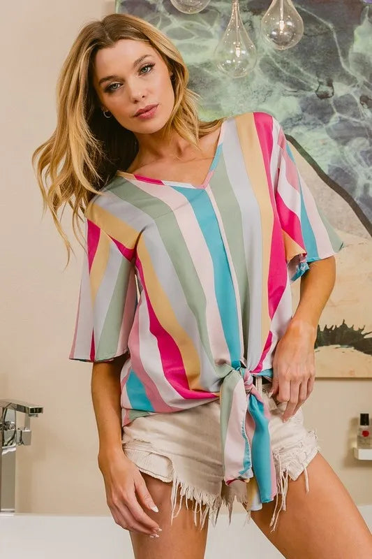 Pink multi-stripe woven V-neck top with long front tie, stylish women's blouse from Trendsi.