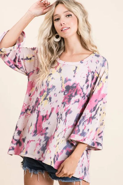 Pink multi tie-dye print terry A-line top with bell sleeves, stylish and comfortable fashion piece by Trendsi.