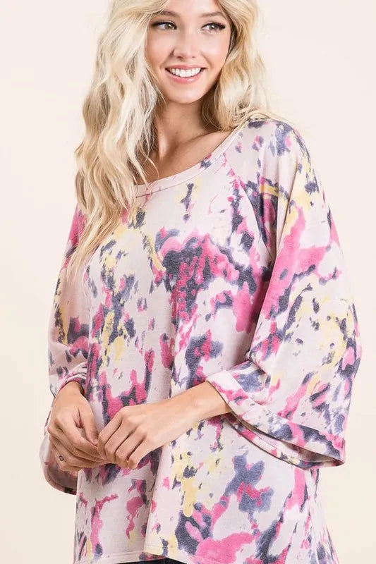 Pink multi tie-dye print terry A-line top with bell sleeves, stylish and casual women's fashion by Trendsi.