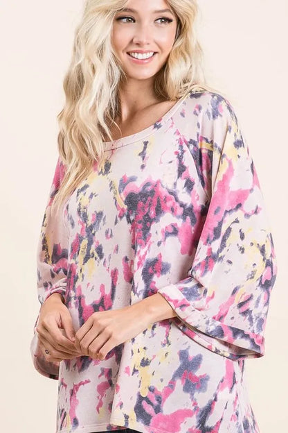 Pink multi tie-dye print terry A-line top with bell sleeves, stylish and casual women's fashion by Trendsi.