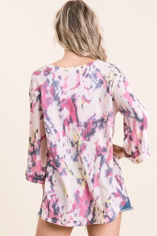 Pink multi tie-dye print terry A-line top with bell sleeves, stylish and casual women's fashion from Trendsi.