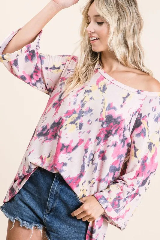 Pink multicolor tie-dye terry A-line top with bell sleeves by Trendsi featuring a casual, boho-inspired style.