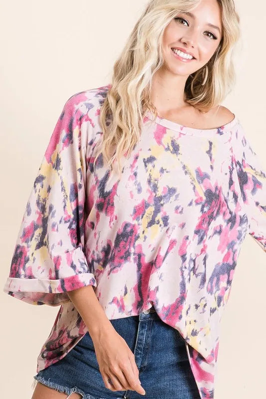 Pink multi-color Tie Dye Terry A-Line Top with bell sleeves, casual fashion shirt by Trendsi