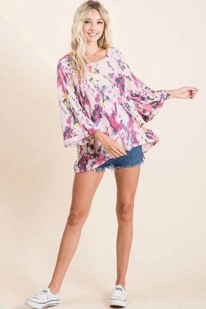 Pink multi tie-dye print terry A-line top with bell sleeves, stylish and comfortable by Trendsi.