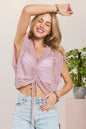Pink ADORA crochet top with drawstring detail, stylish and lightweight, perfect for casual wear.