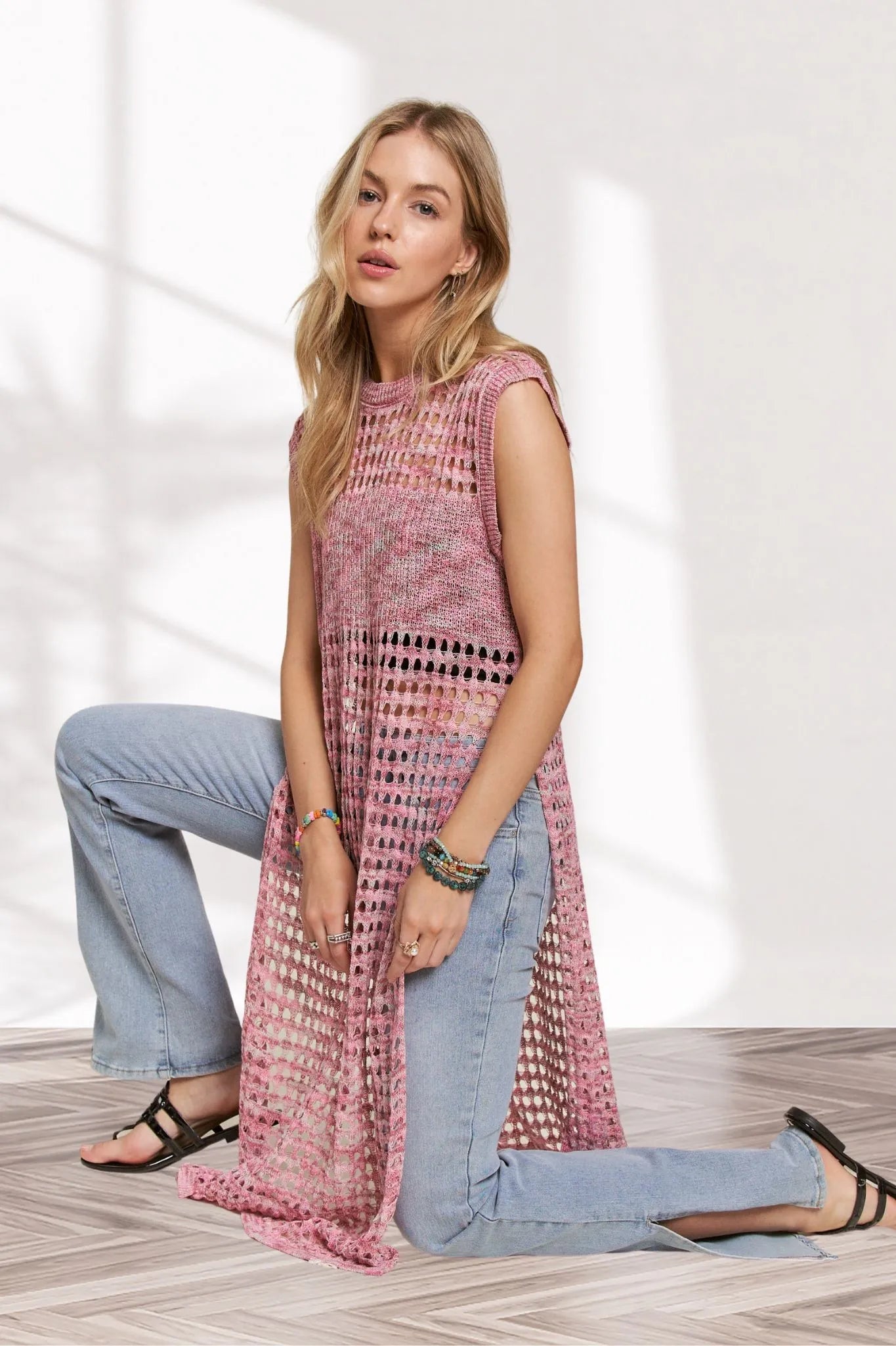 Pink multi-color crochet tunic top from ADORA by Trendsi, featuring a relaxed fit and intricate crochet pattern.