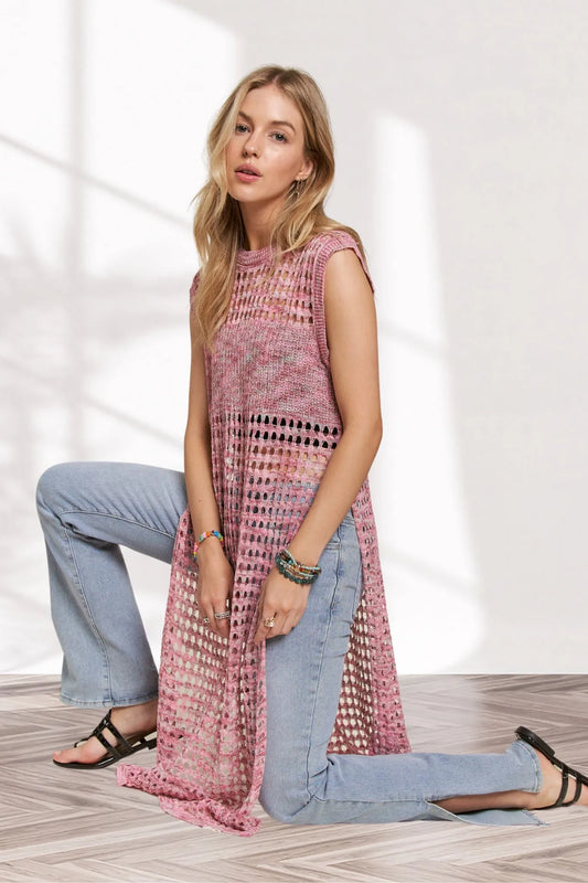 Pink multi-color crochet tunic top from ADORA by Trendsi, featuring a relaxed fit and intricate crochet pattern.
