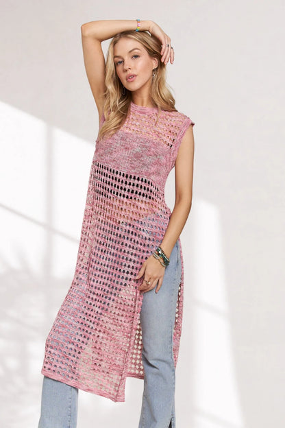 Pink ADORA multi-color crochet tunic top by Trendsi, featuring intricate crochet patterns and a relaxed fit for casual wear.