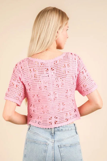 Pink Very J crochet crop top with front tie detail, short sleeves, and a fitted style, perfect for casual summer outfits.