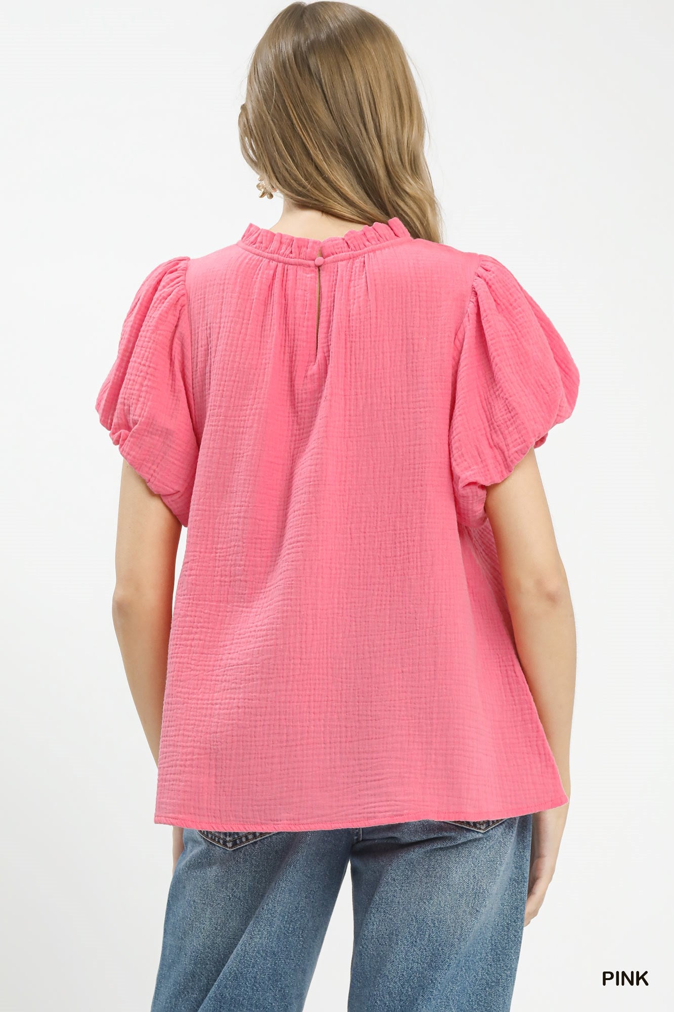 Pink Umgee textured gauze boho top with ruffle neckline, featuring a relaxed fit and casual, trendy style.