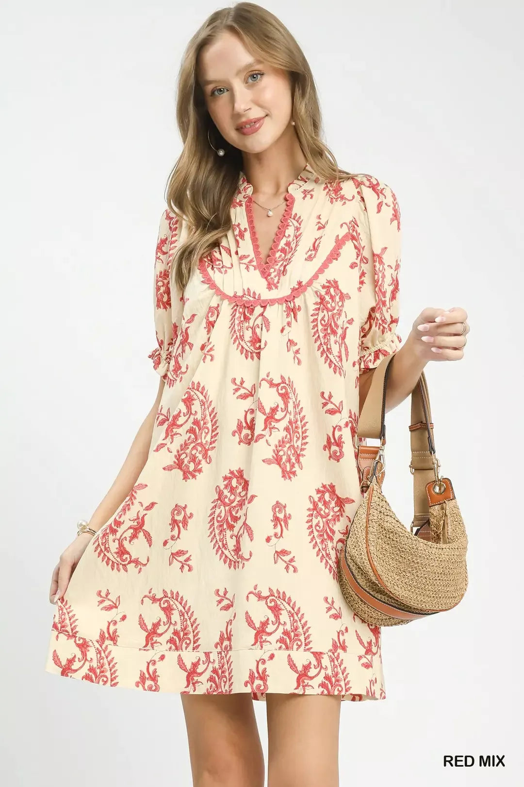 Red Umgee Mix Paisley Scallop Trim Dress with ruffled hem and flowy silhouette, perfect for casual and boho styles.