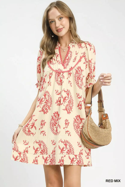 Red Umgee Mix Paisley Scallop Trim Dress with ruffled hem and flowy silhouette, perfect for casual and boho styles.