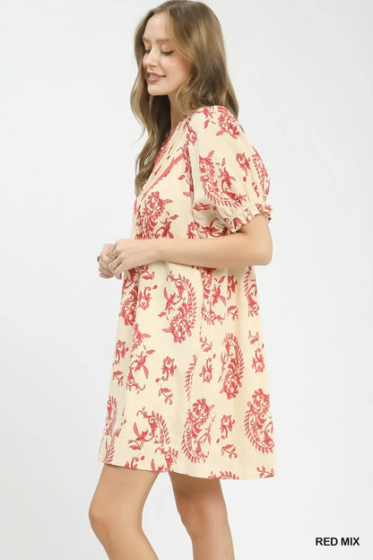 Red mix Paisley scallop trim dress by Umgee featuring flowing fabric and detailed scallop accents.