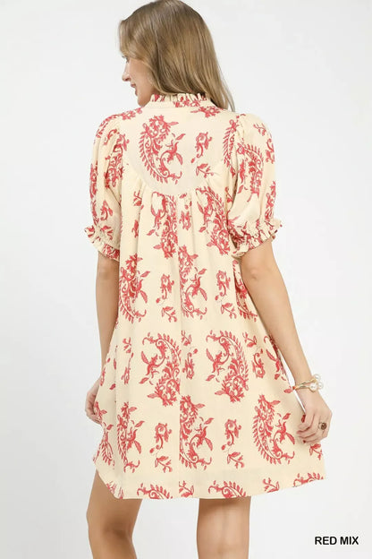 Red Umgee Mix Paisley Scallop Trim Dress featuring a flowy silhouette and intricate paisley pattern with scalloped hem detail.