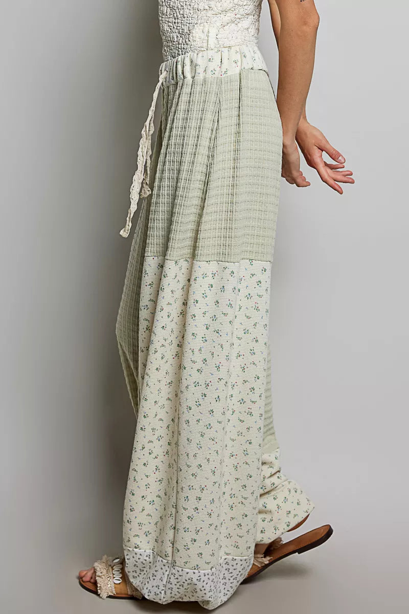 Sage multi-color patchwork mixed knit wide-leg pants by Trendsi, showcasing a flowy, relaxed fit and stylish patchwork design.