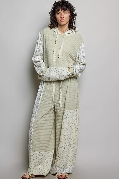 Sage multi-colored patchwork knit wide-leg pants by Trendsi featuring a relaxed fit and mixed knit design.