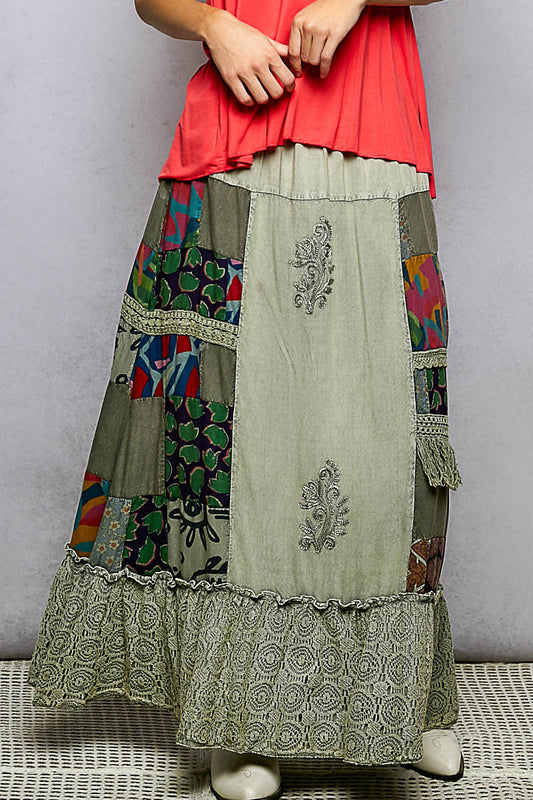 Sage multi-color patchwork embroidered ruffled skirt by Trendsi featuring intricate embroidery and flowing ruffle details.
