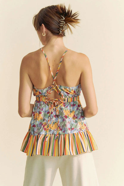 Sage floral Davi & Dani sleeveless smocked top with ruffle details and back tie, trendy blouse for warm weather.