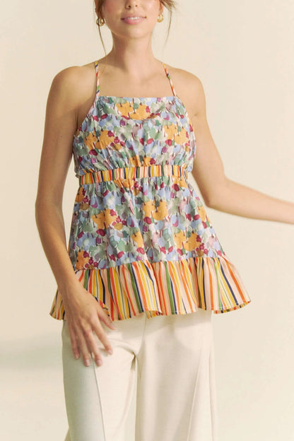 Sage Davi & Dani floral smocked sleeveless ruffle back tie top, stylish and feminine, featuring a floral pattern and ruffle details.