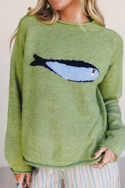 Sage green Fish Graphic round neck sweater by Trendsi, featuring a vibrant fish illustration on soft knit fabric.