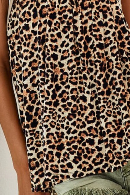 Taupe leopard print BiBi Jersey Knit Gathering Cami Top by Trendsi, featuring a fitted silhouette and scoop neckline.