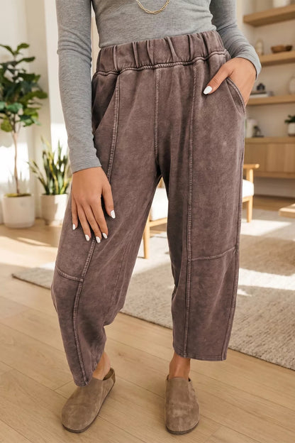 Taupe mineral wash barrel pants with seam details and elastic waistband, stylish and comfortable women's fashion by Trendsi.