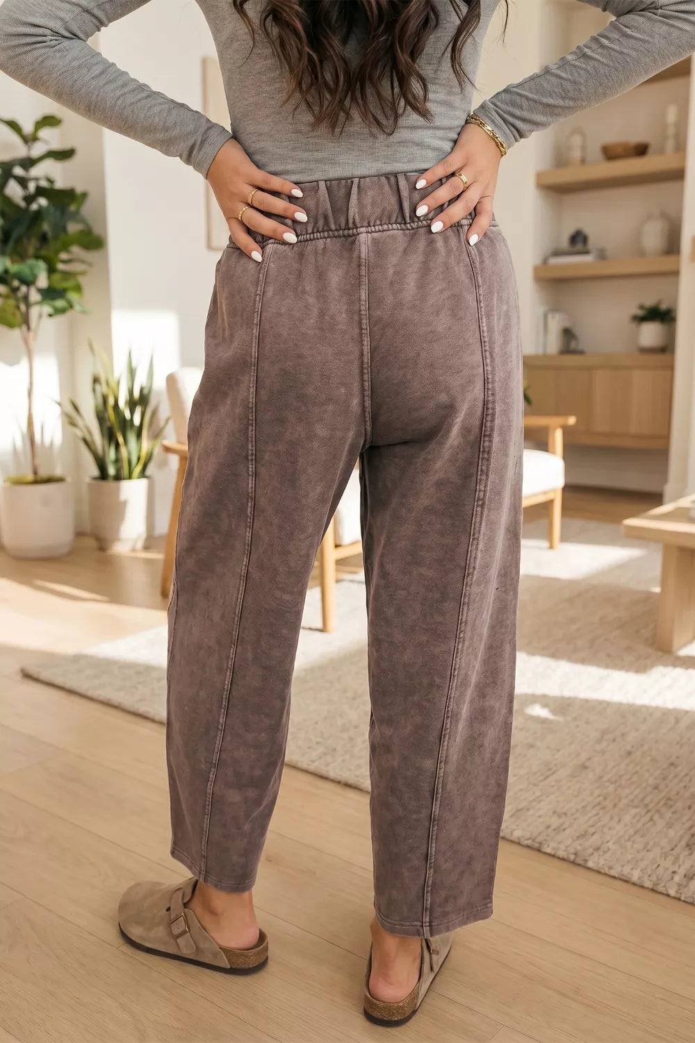 Taupe mineral wash barrel pants with seam detail and elastic waist by Trendsi, casual and comfortable for everyday wear.