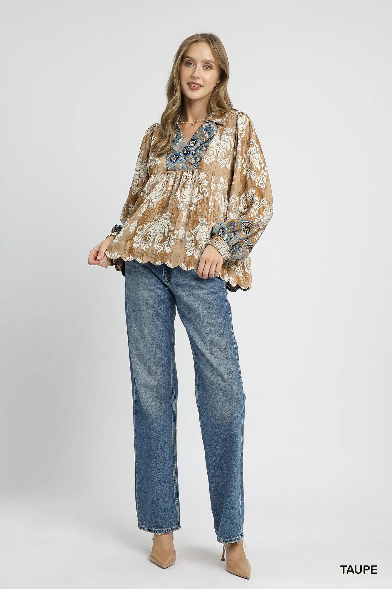 Taupe floral boho blouse by Umgee featuring scalloped hem and relaxed fit, styled with casual accessories.
