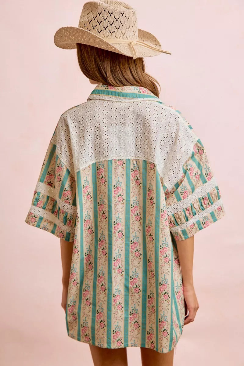 Teal BiBi eyelet lace and floral mix and match shirt top by Trendsi, featuring lace details and a stylish floral pattern.