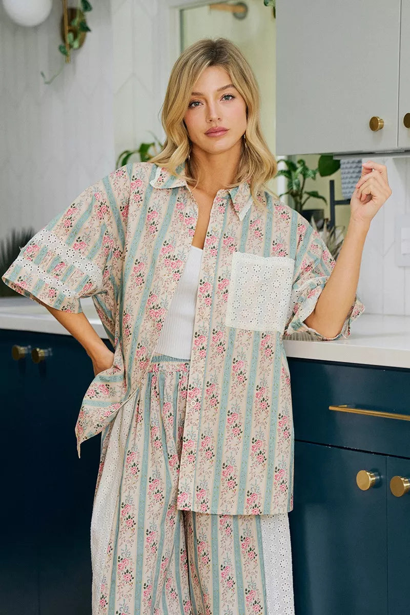 Teal BiBi eyelet lace and floral mix and match shirt top by Trendsi, featuring eyelet details and floral accents for a stylish look.