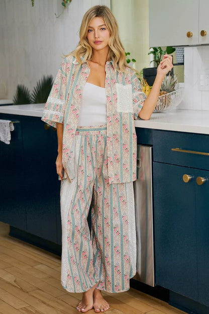 Teal BiBi eyelet lace and floral mix-and-match shirt top with button details, casual stylish women's blouse.