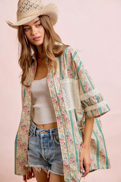 Teal BiBi eyelet lace and floral mix-and-match shirt top, stylish and lightweight with intricate lace details and floral accents.