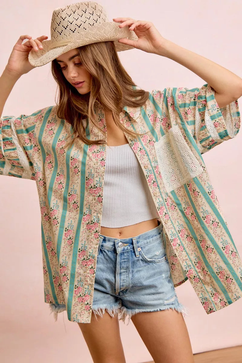 Teal BiBi eyelet lace and floral mix-and-match shirt top with short sleeves and button front, stylish and lightweight for casual wear.