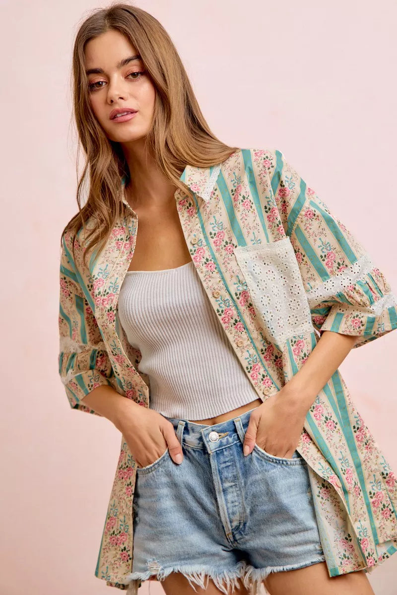 Teal BiBi eyelet lace and floral mix-and-match shirt top, stylish and lightweight with intricate lace detail and floral accents.
