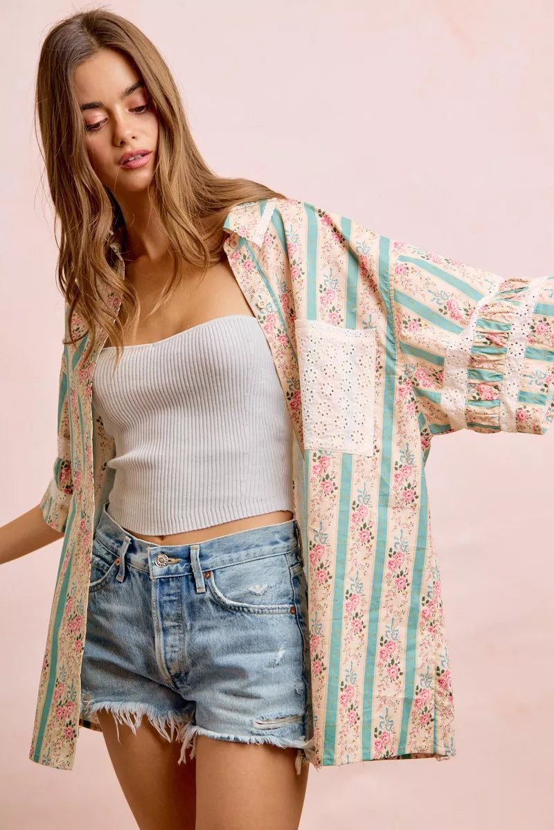 Teal BiBi eyelet lace and floral mix-and-match shirt top, stylish and lightweight with intricate lace details and floral accents.
