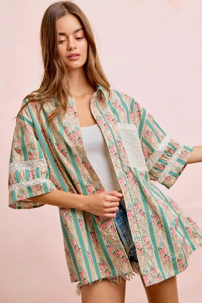 Teal BiBi eyelet lace and floral mix and match shirt top with bell sleeves, casual style, from Trendsi.