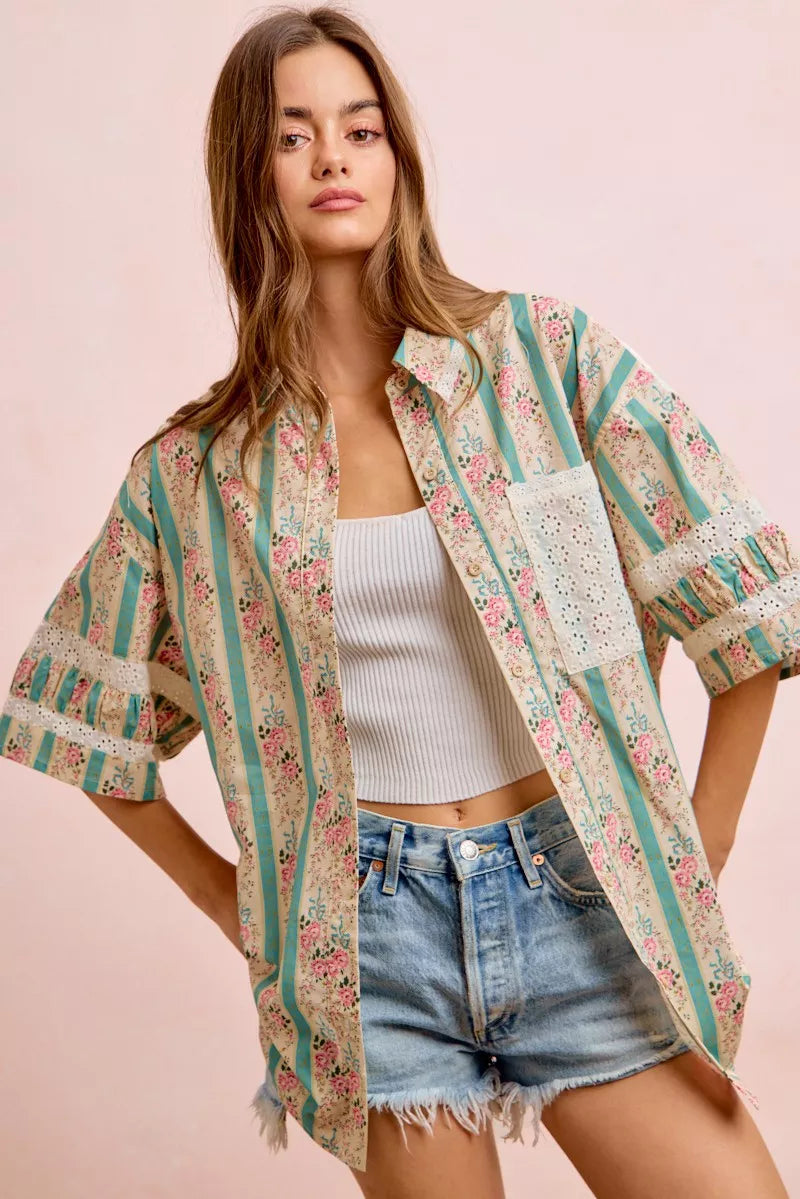 Teal BiBi eyelet lace and floral mix and match shirt top with eyelet details and floral accents, stylish and lightweight for casual wear.