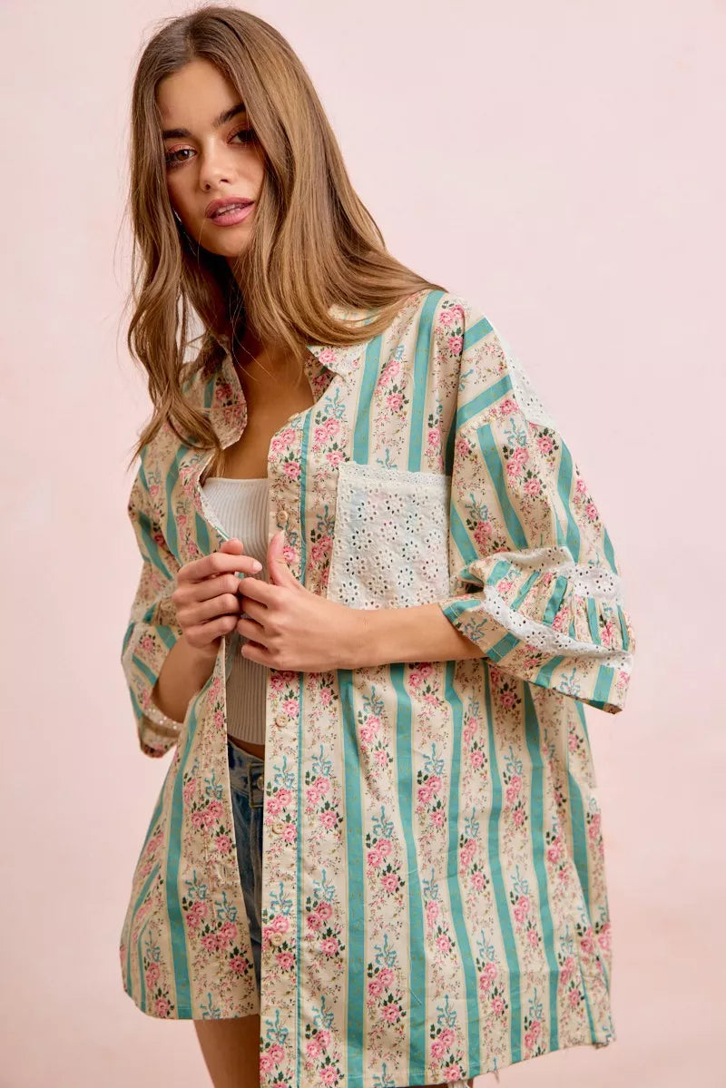 Teal BiBi eyelet lace and floral mix and match shirt top by Trendsi, featuring eyelet lace details and a floral pattern.